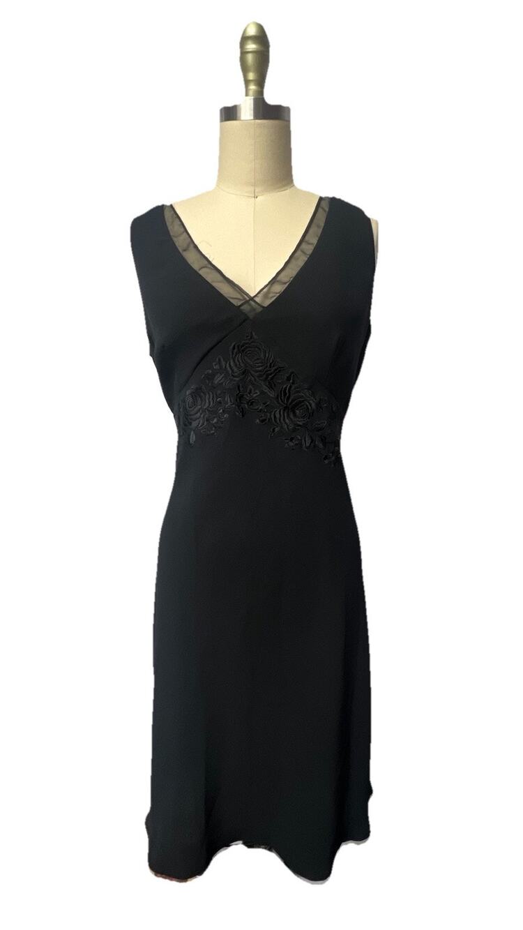 90s Y2K Black Crepe Babydoll Dress Embroidered Fairy Whimsigoth Midi SZ 12
